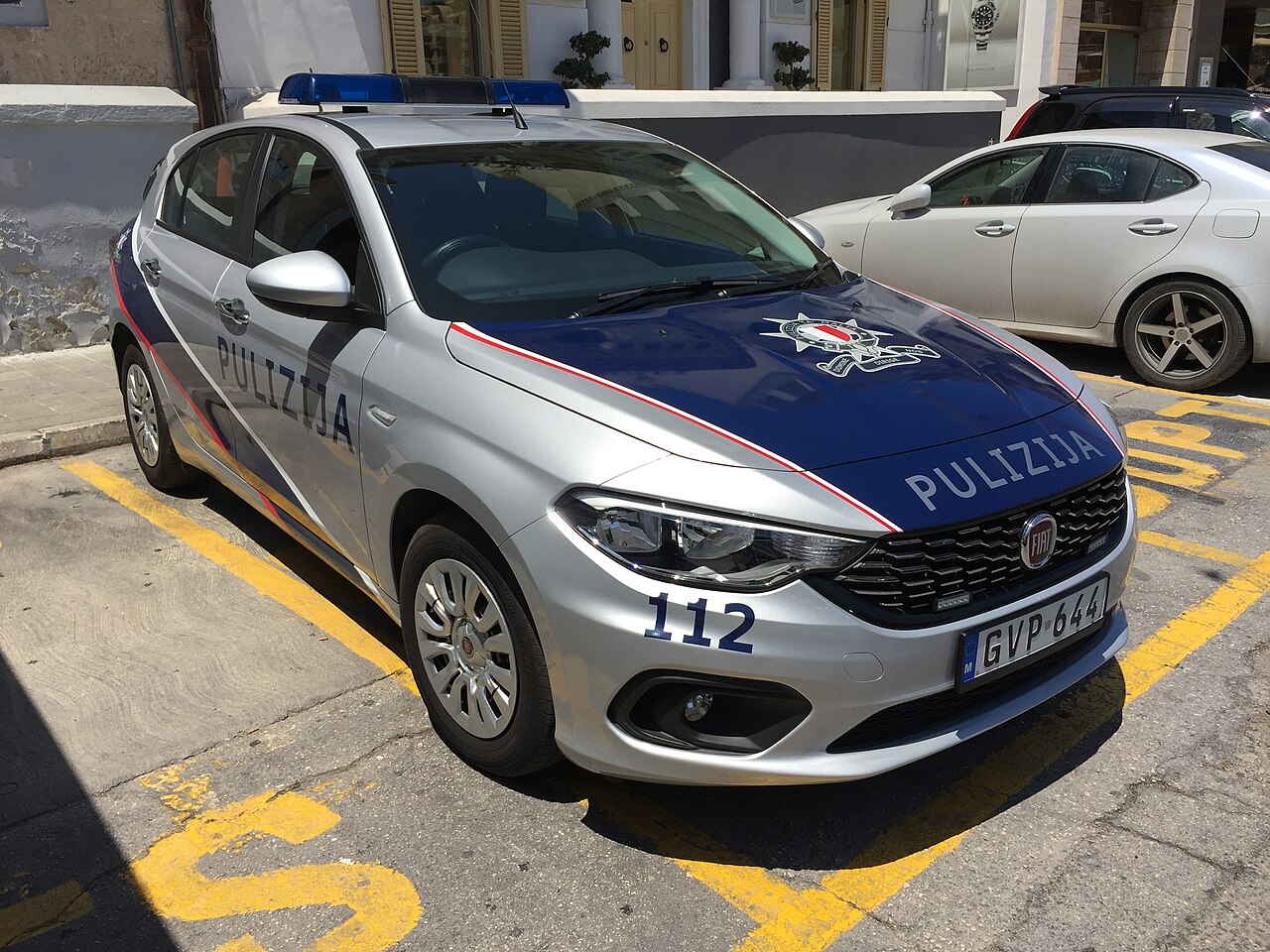 Malta Police Fiat Tipo patrol car parked in a bay