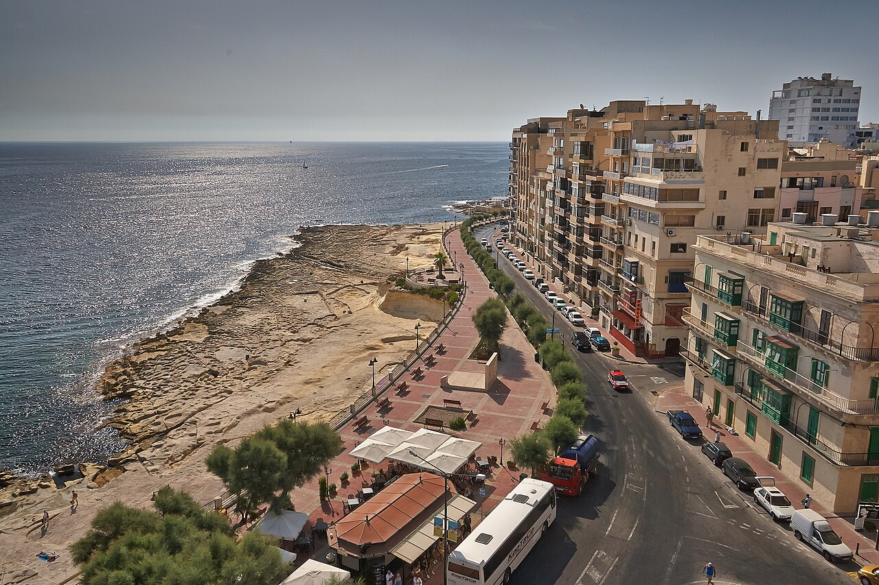 High view of Tower Road and the Sliema seafront promenade with…
