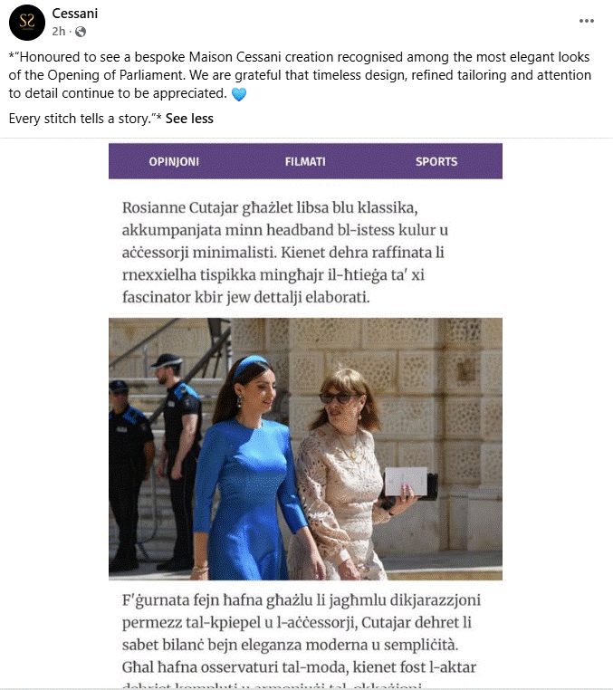 Cutajar wears Cessani dress at Parliament opening: MP Rosianne